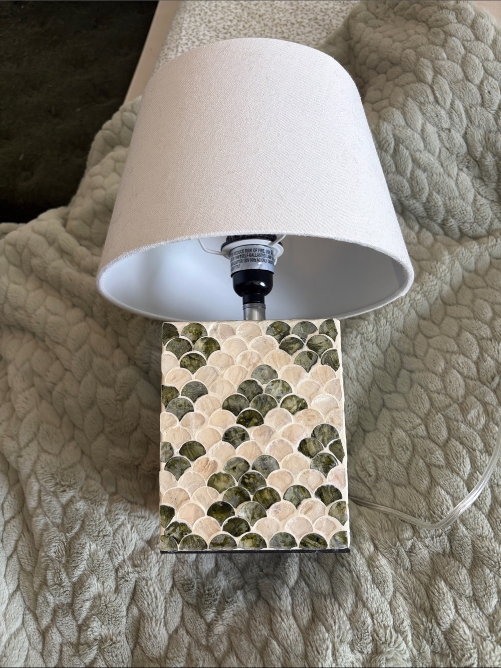 Two Neutral Table Lamps with Green Mosaic Base